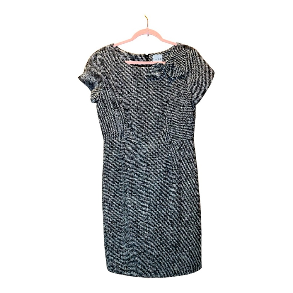 KATE HILL Black and White Tweed Midi Dress with Bow Detail on Collar Size 10